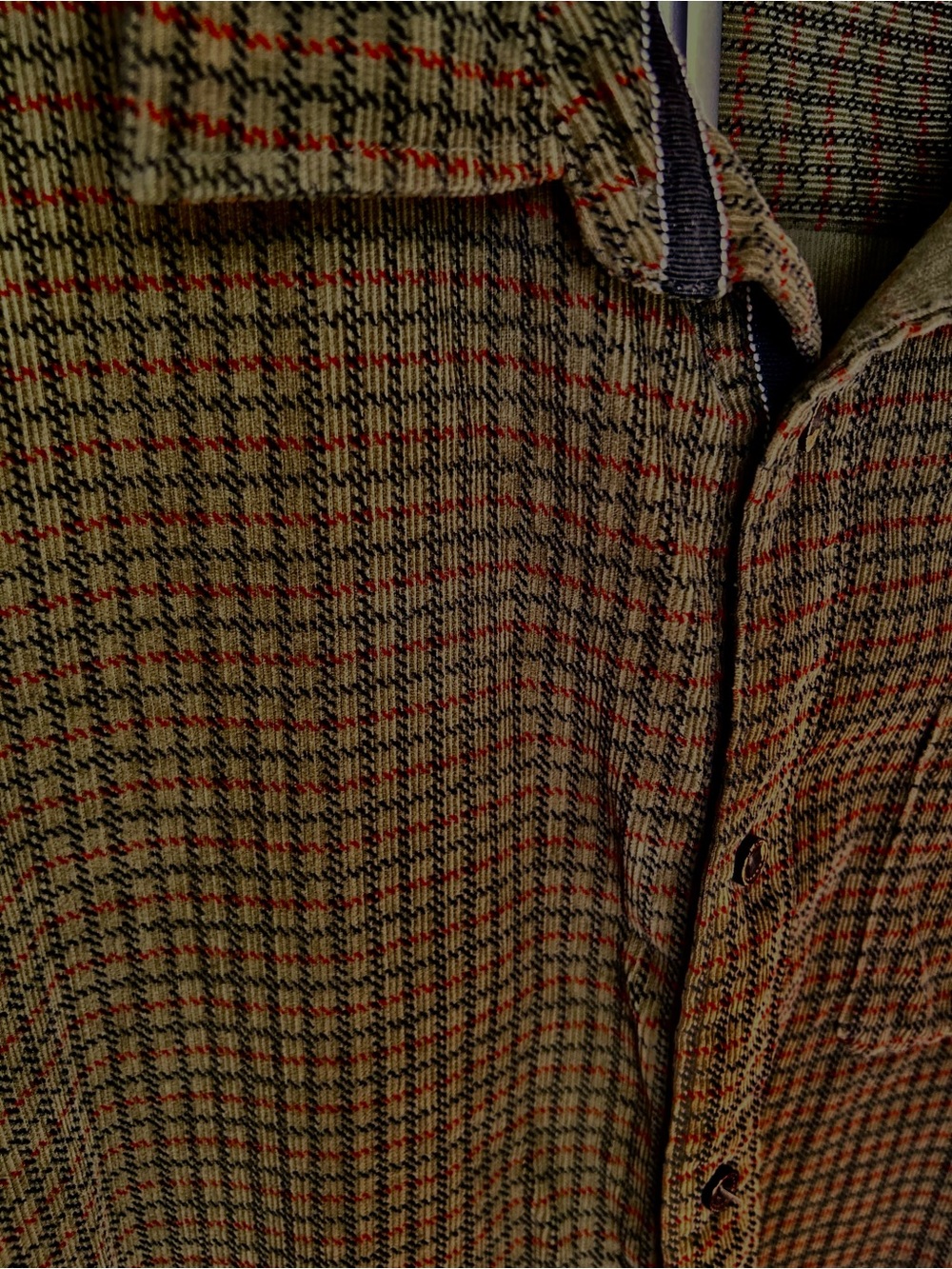 Carbon2Cobalt Men’s Casual Corduroy Button-Down Shirt — Olive with Red Plaid XXL